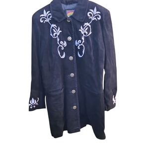 PIONEER‎ Black Trench Coat with White Embroidery Size Large